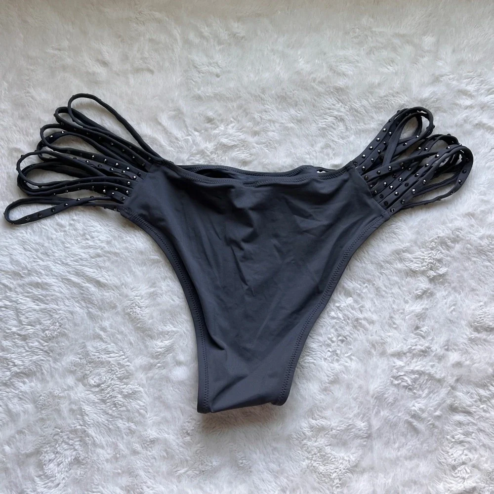 SKIMS Rhinestone Swim Strappy Bikini Bottom Gunmetal BB-CKY-3185 Womens 3X NEW